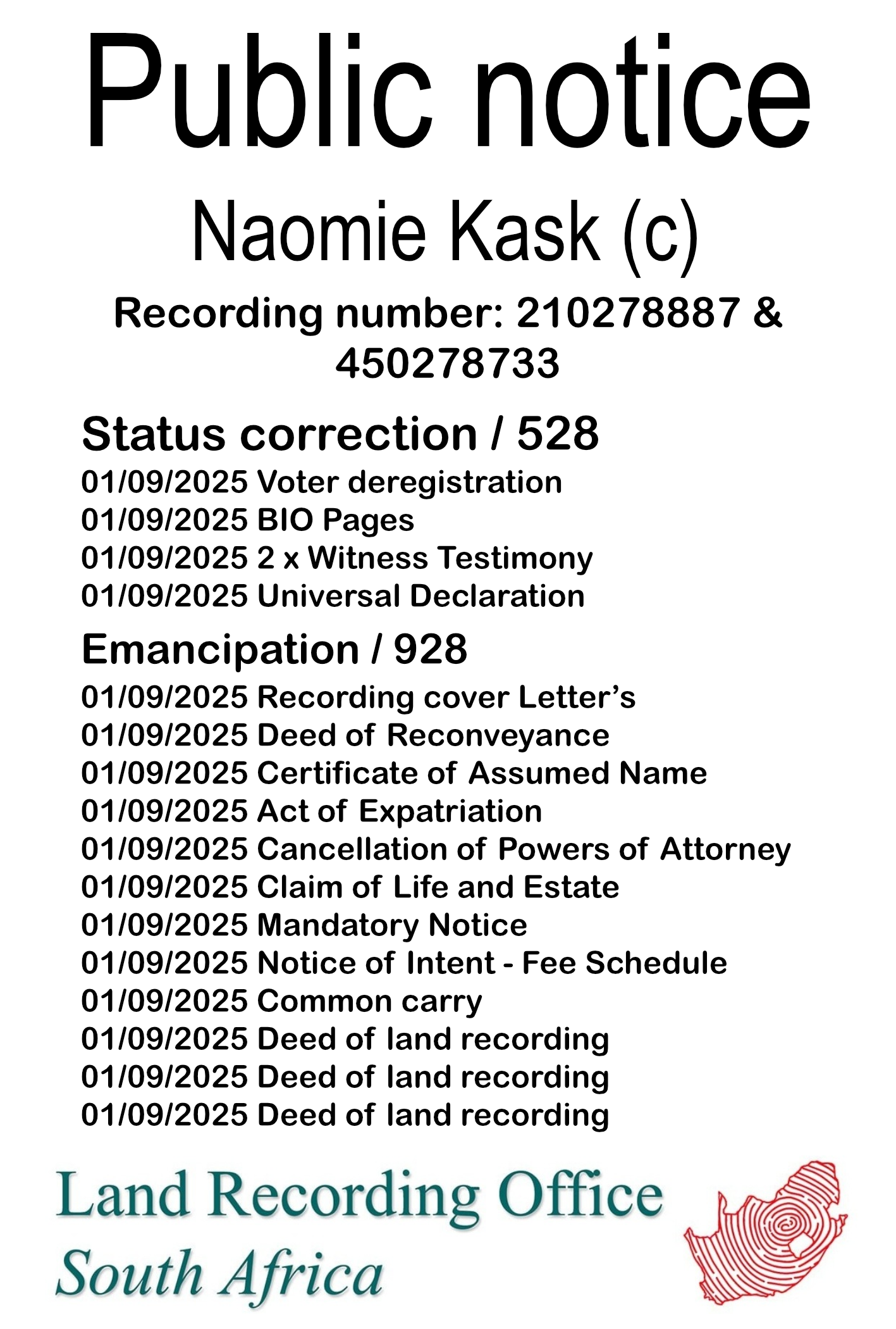 Public notice Naomie Kask (c) Recording number 210278887 & 450278733